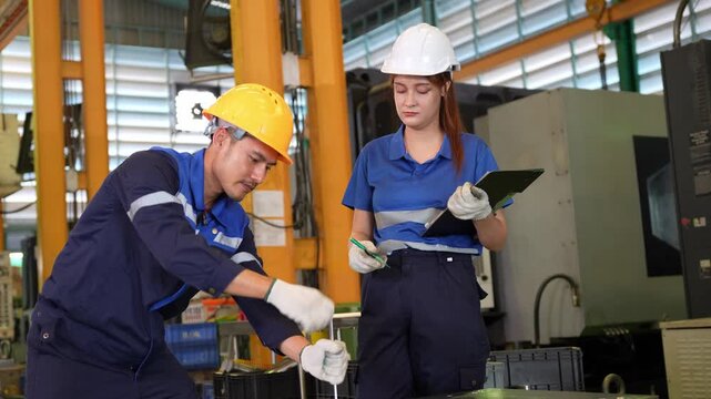Asian technician operating heavy machinery while supervisor holding clipboard inspecting work in factory, Industrial engineers inspecting machinery parts in manufacturing factory