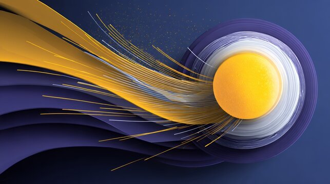 Abstract Autumn Celebration Papercraft Element with Purple Wavy Layers, Glowing Yellow Sun, and Dynamic Gold Sweeping Lines Texture
