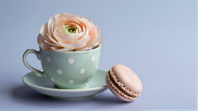 Pastel flower in teacup, macaron beside it on soft blue background.