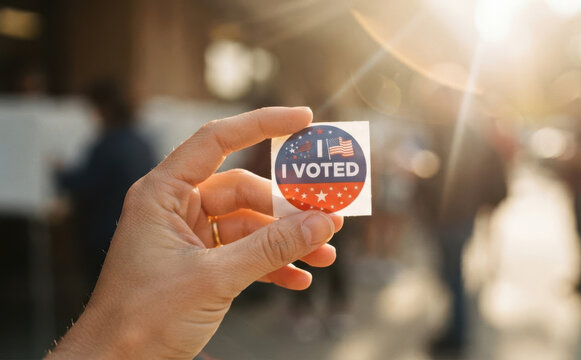 Person holding an I Voted sticker at a polling station during election day, concept of civic duty and democracy