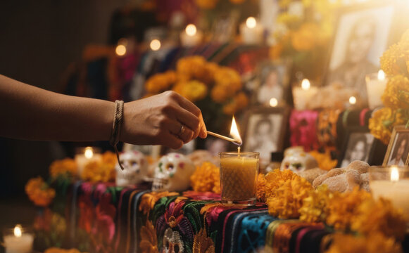 Woman lighting a candle on a traditional Day of the Dead ofrenda altar with marigolds and sugar skulls for remembrance and honoring ancestors