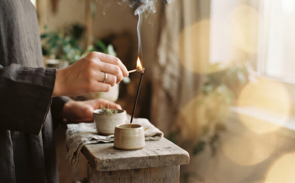 Woman lighting incense stick with match in cozy rustic room for meditation and relaxation