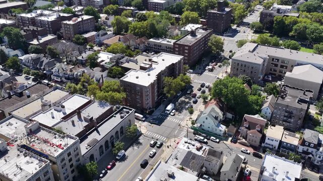 Drone Perspective of Jersey City Neighborhood With Manhattan in th