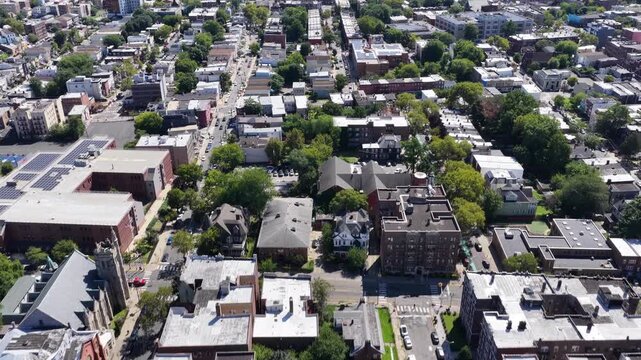 Elevated Panorama of Jersey City Neighborhood With Manhattan in th