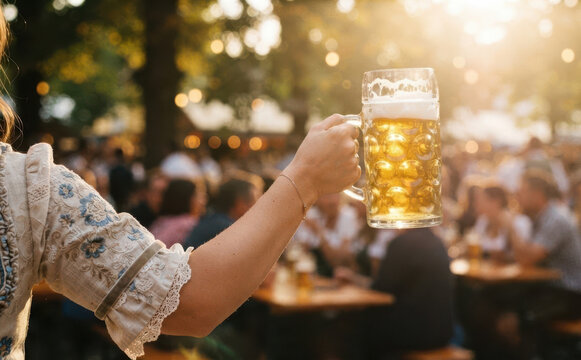 Young woman holding a traditional beer stein at an outdoor festival with sunlight and a blurry crowd in the background