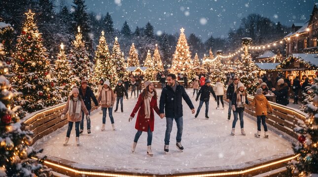 Couple ice skating together in festive outdoor rink surrounded by decorated christmas trees