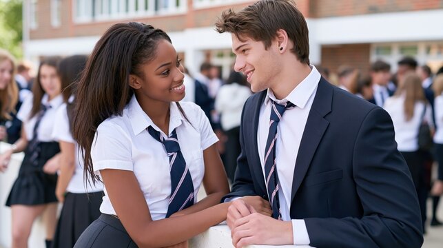 Teenagers in school uniforms interact with each other on campus.