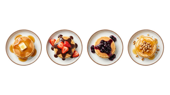 Four ceramic plates with mini pancake stacks arranged in a row isolated element on transparent background