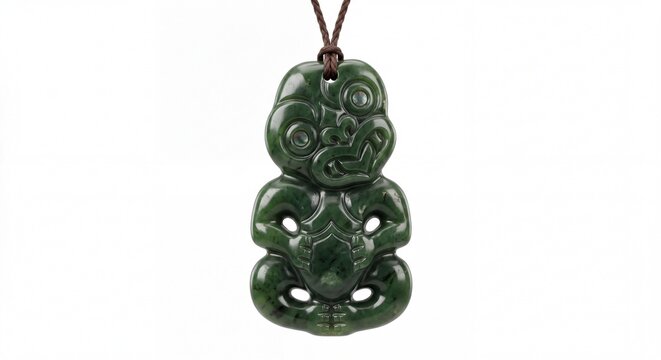 A Traditional Maori Hei Tiki Pendant Carved From Greenstone Pounamu Suspended On A Dark Cord Loop.