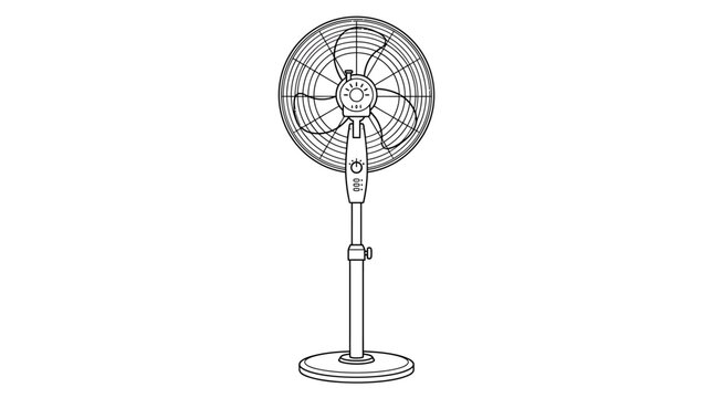 Pedestal standing electric fan with circular blade guard, adjustable height pole and round base - line drawing illustration