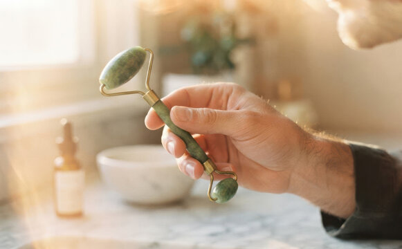 Adult man holding green jade facial roller for anti aging skincare routine in bright bathroom