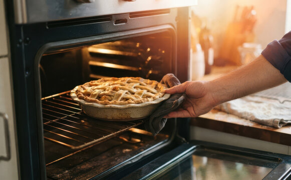 Man taking freshly baked apple pie out of the oven in a kitchen at home representing cooking and baking concepts