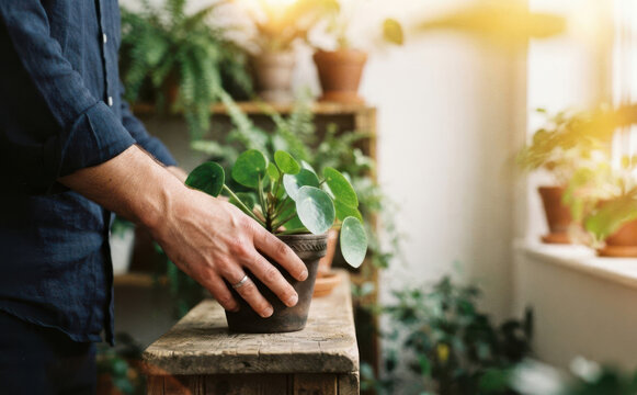 Young adult man holding potted Chinese money plant in greenhouse shop, indoor gardening concept