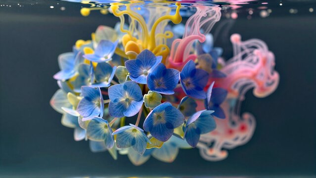 Blue hydrangeas bloom underwater, surrounded by swirling colorful ink.