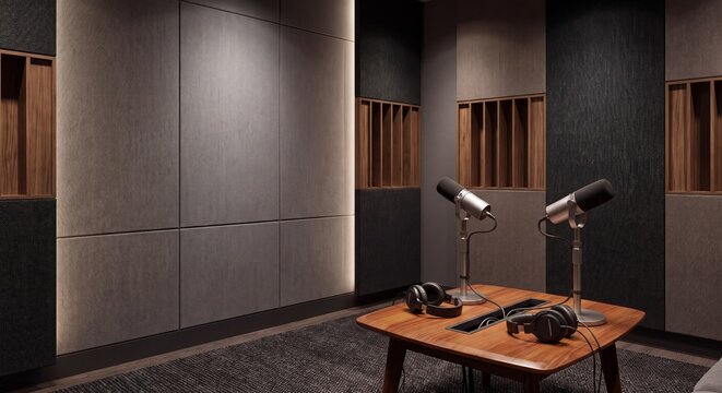 Professional recording studio interior with acoustic panels, microphones, and headphones on a wooden table in a dimly lit environment