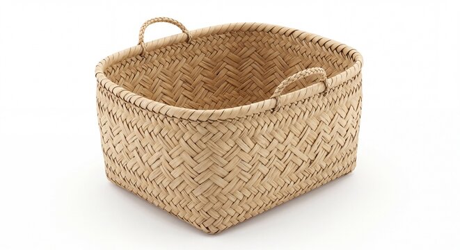 A rectangular woven wicker storage basket with two sturdy handles isolated on a white background.