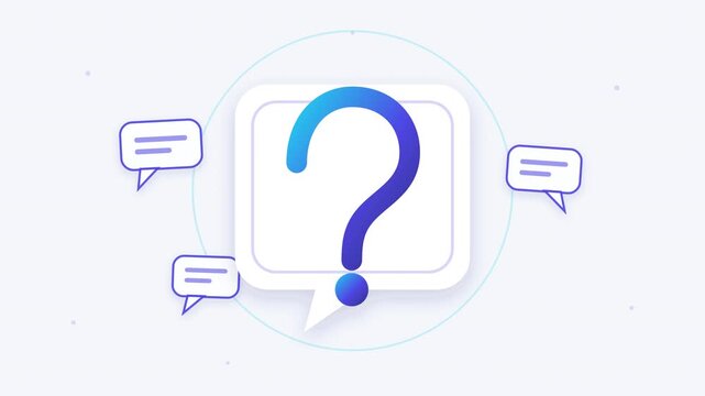 Blue question mark on a white card surrounded by floating speech bubbles on a pale surface