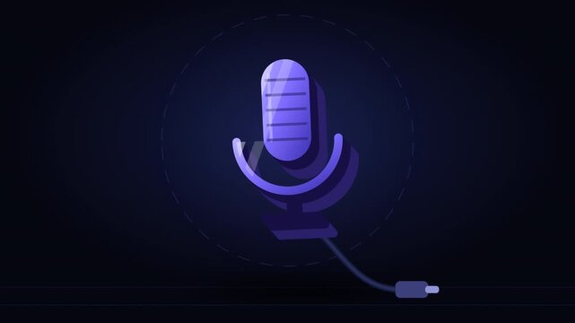 Purple microphone icon on a stand with a curling cable standing on a dark navy surface