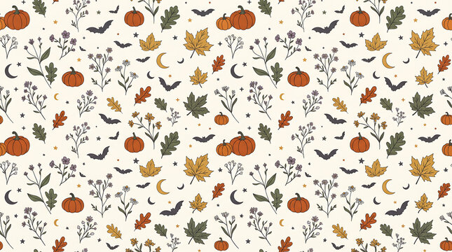 Vintage Halloween Seamless Pattern with Pumpkins, Autumn Leaves, Botanical Branches, Bats, Crescent Moons, Mushrooms and Rustic Fall Elements
