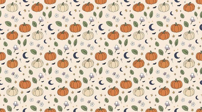 Vintage Halloween Seamless Pattern with Pumpkins, Autumn Leaves, Botanical Branches, Bats, Crescent Moons, Mushrooms and Rustic Fall Elements