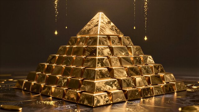 Golden pyramid made of bars, sparkling with luxury and wealth against a dark backdrop.