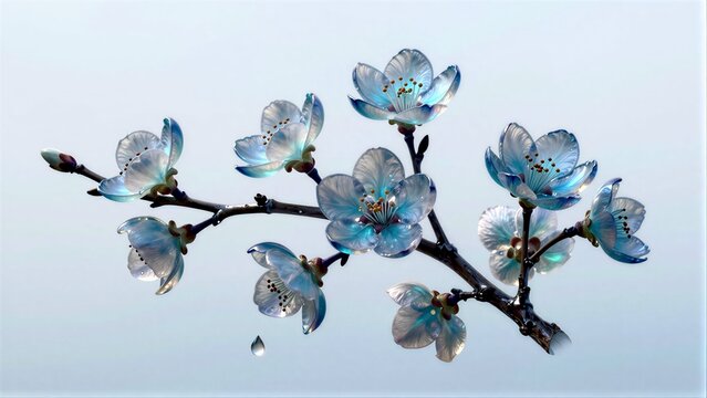 Glass cherry blossoms glow softly against a pale sky, delicate and translucent.