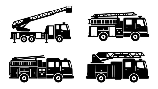 Black Silhouette Fire Truck Icon Set Vector Illustration