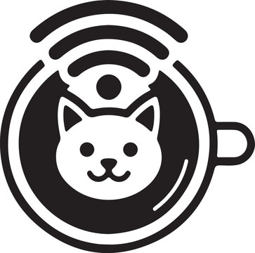 A feline face within a coffee cup with wifi signal black silhouette catface kitten
