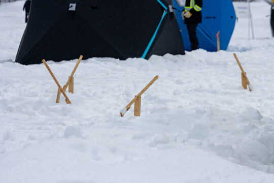 Canada, 31 January 2026 : Ice fishing setup in snow