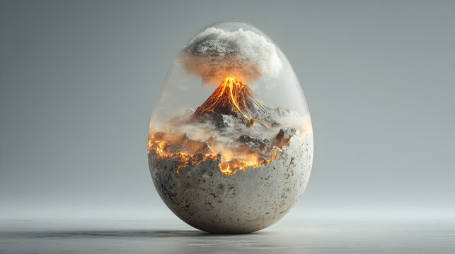 Volcano erupting inside a glass egg shape