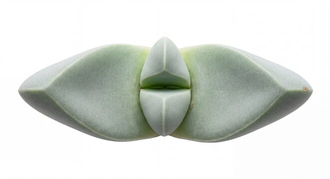 A symmetrical, pale green succulent with sharp, angular leaves isolated on a plain white backdrop.