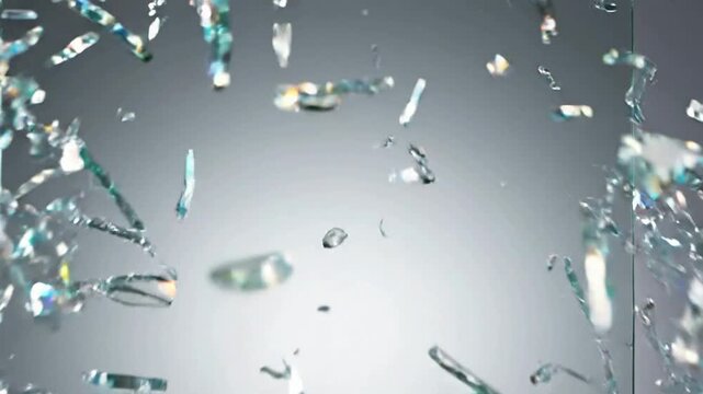Glass Breaking Sequence Shattering into Sharp Fragments on Gray Background