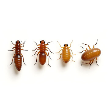 Group of various termite insects isolated on a plain white background showing different life stages and development