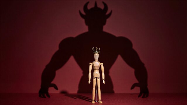 Wooden figure crowned, shadowed by a menacing horned king behind.