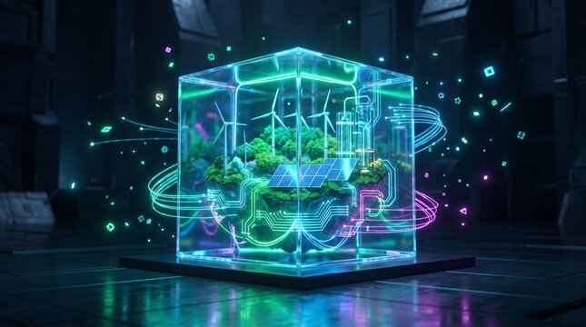 Futuristic neon glass cube containing a sustainable green ecosystem with wind turbines and solar panels, representing renewable energy technology and digital environmental conservation.