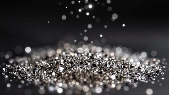 Shimmering silver crystals sparkle against a dark, blurred background with bokeh lights.