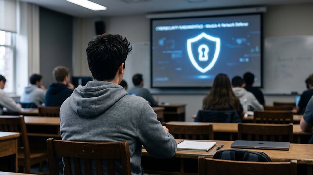 Students attending a cybersecurity lecture with a shield graphic on the projection screen