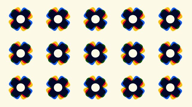 Grid pattern of small colorful flower shaped icons arranged in neat evenly spaced rows across a plain cream colored background surface area shown
