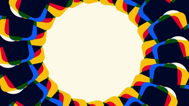 Abstract colorful circular pattern made of many overlapping shapes surrounding an empty plain cream colored circle placed right at its very center