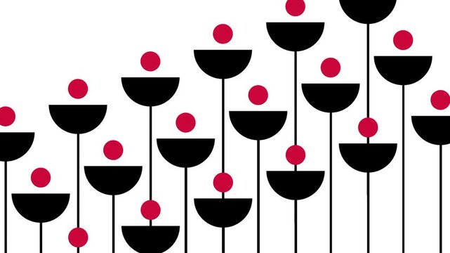 Large cluster of black lollipop shaped icons set at varying heights each topped with a small red dot forming a gentle rising wave pattern shown here