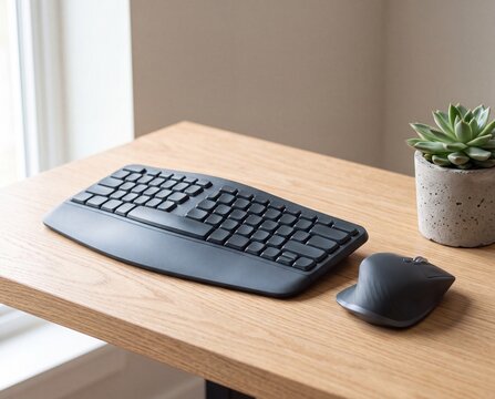Ergonomic black keyboard and mouse set placed on a clean wooden desk with a small potted succulent.
