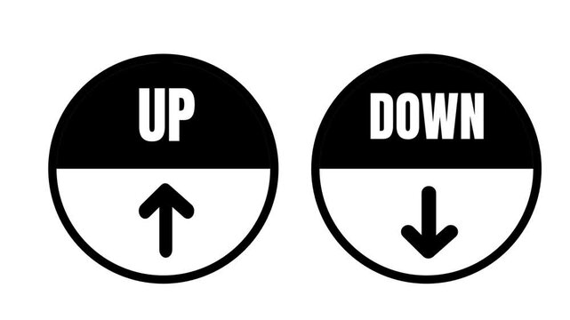 Two separate black circular icons placed neatly side by side representing up and down directions each showing one single clear arrow symbol shown