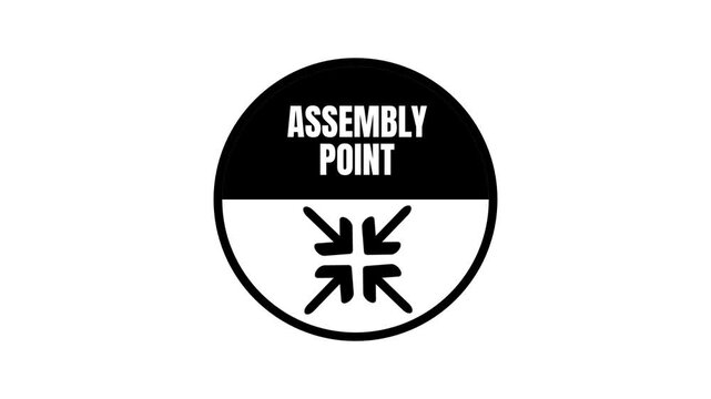 Black circular assembly point icon with a bold text label positioned above a symbol showing four small arrows converging toward the center point area