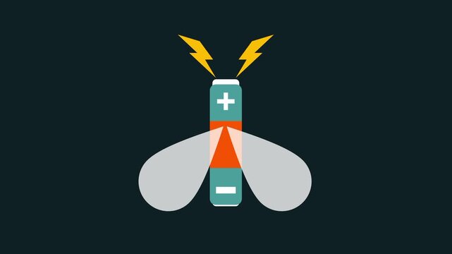Illustration of a small battery shaped object with wings and bright lightning bolts above it depicting an electric flying bug type creature design