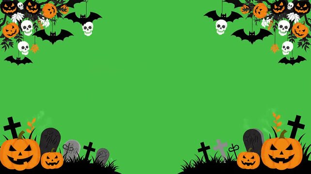 Halloween background animation, spooky pumpkin graveyard loop, green screen holiday video template for corporate event presentation, social media content creator, digital greeting card designer