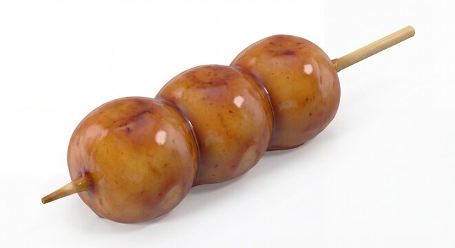 Three glazed brown mochi balls on a wooden skewer isolated against a plain white studio background.