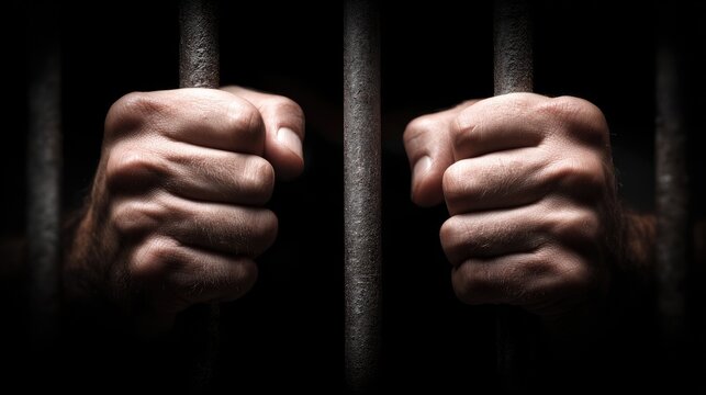 Hands clenched behind bars concept of confinement and imprisonment