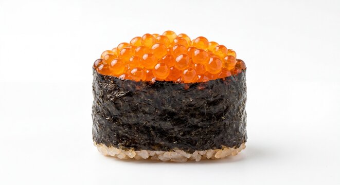 A single piece of gunkan sushi topped with bright orange salmon roe wrapped in dark nori seaweed.