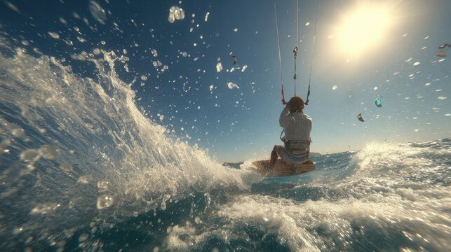 Kite surfing on a sunny day action sport in ocean waves