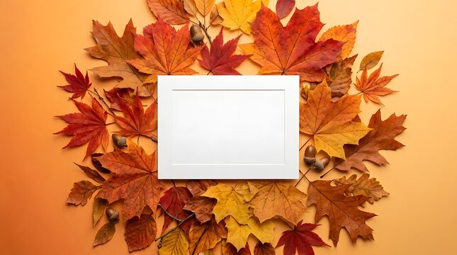 Autumnal flat lay with white frame mockup surrounded by colorful maple leaves and acorns